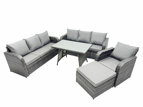 Ensemble de canapés en rotin salon de jardin avec table à manger rectangulaire chaise inclinable grand tabouret gris foncé mixte