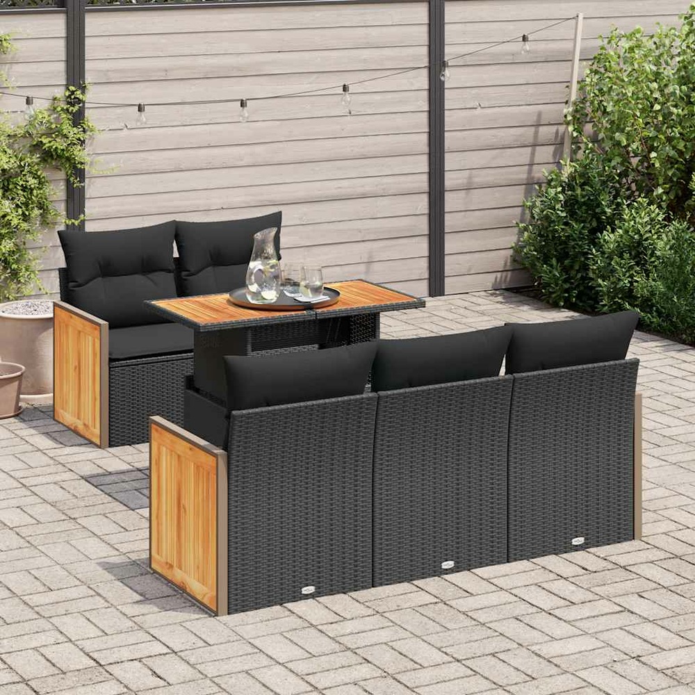 Salon de jardin 6 pcs avec coussins noir résine tressée acacia