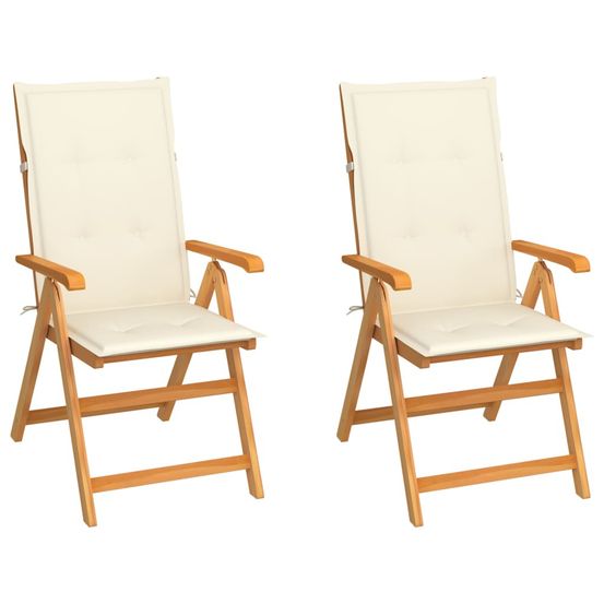 Chaises pliantes (lot de 2) avec coussins crème, en bois de teck massif