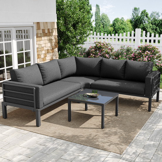 Salon jardin 4-5 pers: table basse verre, acier galvanisé, coussins assise, pieds réglables