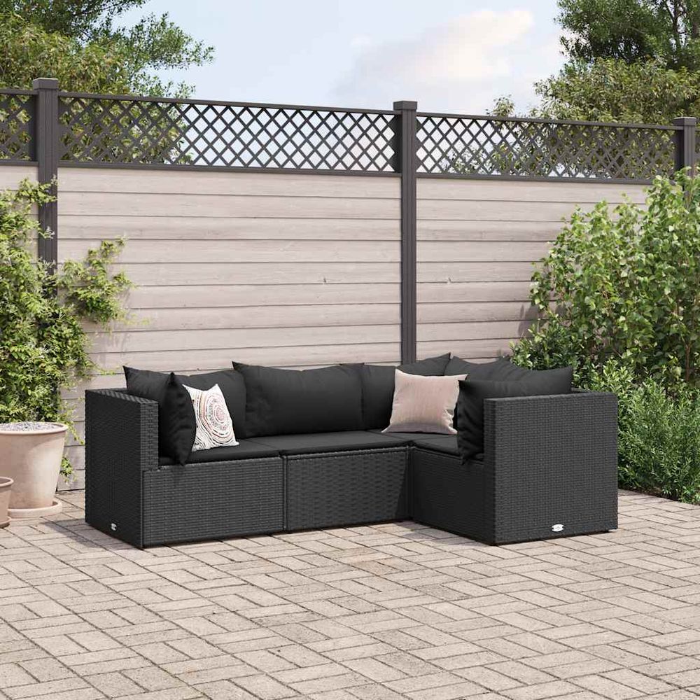 Salon de jardin 4 pcs avec coussins noir résine tressée