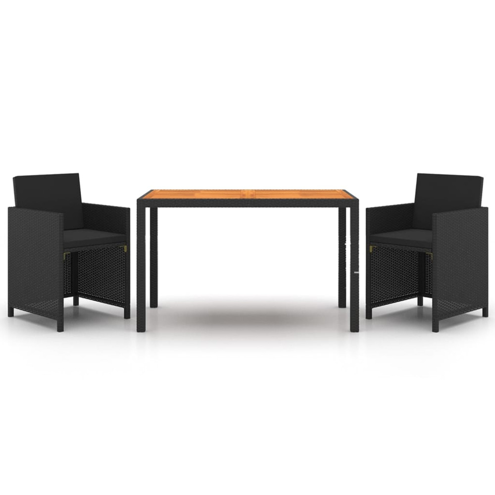 Ensemble à dîner de jardin avec coussins 3 pcs poly rotin noir