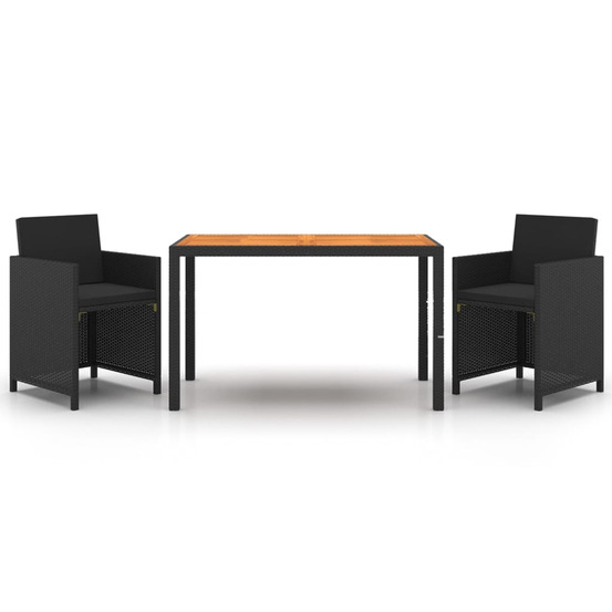 Ensemble à dîner de jardin avec coussins 3 pcs poly rotin noir