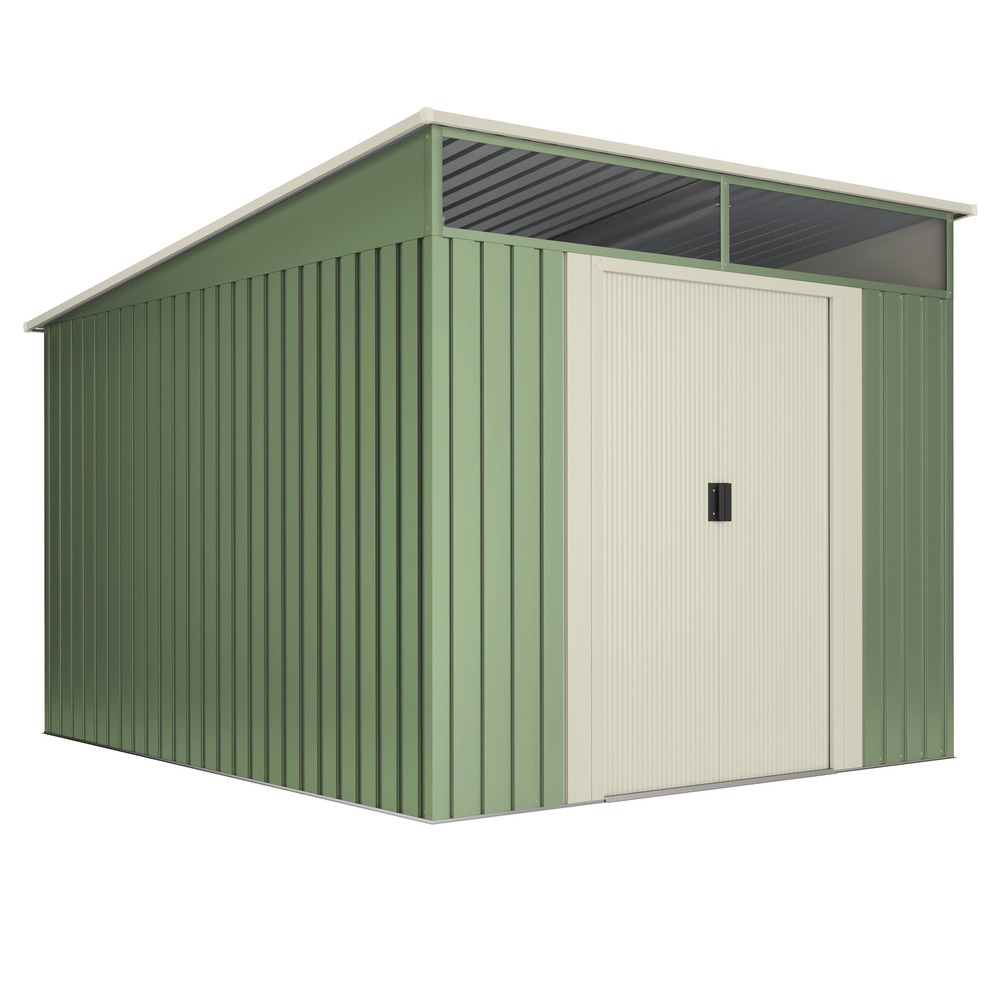 Abri de jardin extérieur 6,6 m2 stark – puits de lumière en polycarbonate – double porte coulissante – toit incliné – vert et beige