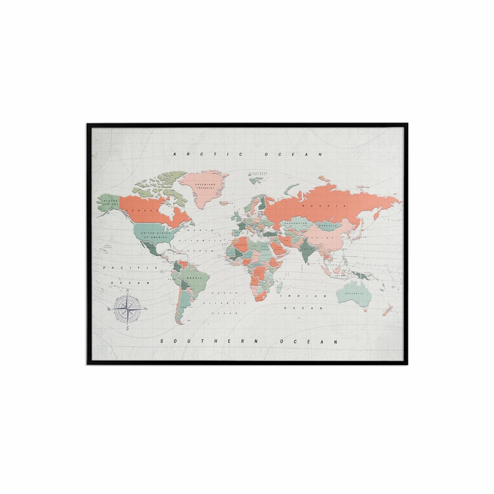 Carte du monde en liège - woody map aquarelle terre cuite / 60 x 45 cm / cadre noir