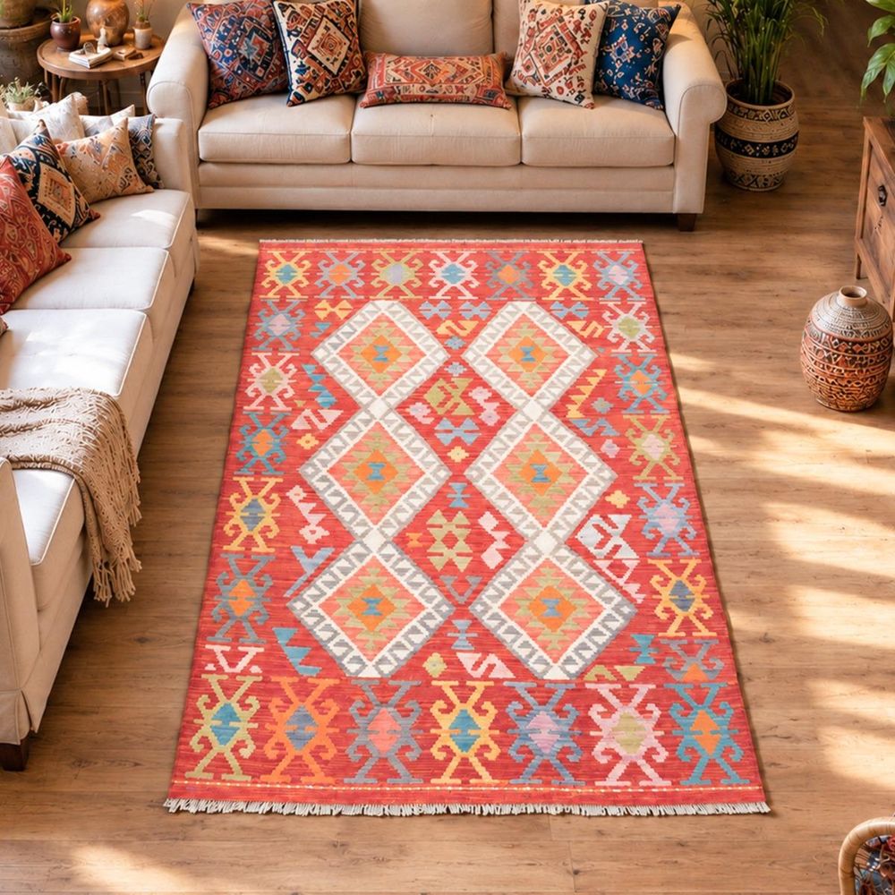 Tapis kilim 119 x 191 cm, rouge et beige, en laine naturelle, kilim 96
