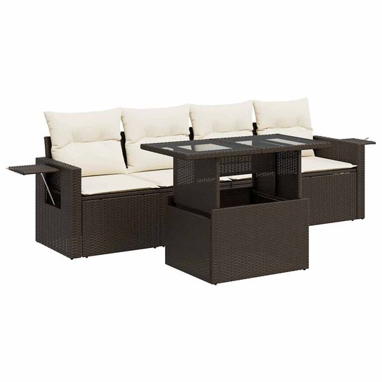 Salon de jardin avec coussins 5 pcs marron résine tressée