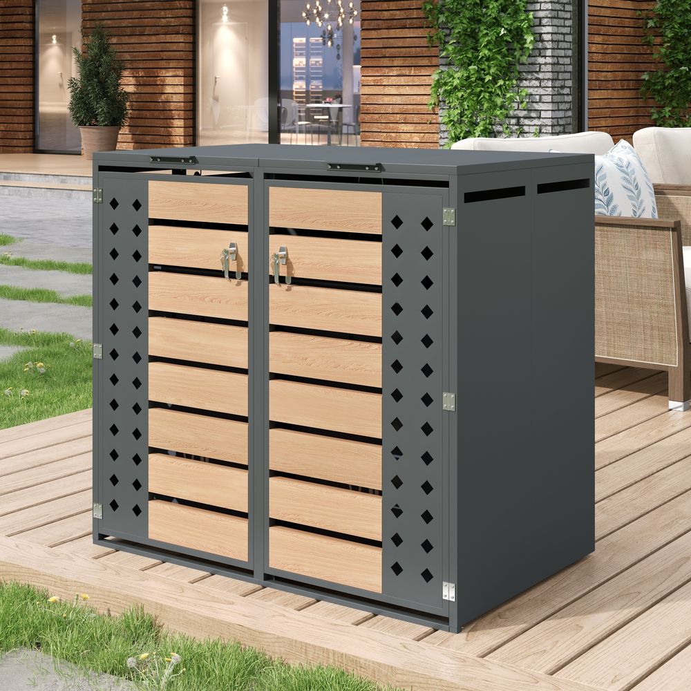 Cache-poubelle double acier galvanisé extérieur ouverture hydraulique 132x80x118cm gris - comfortxl outdoor living