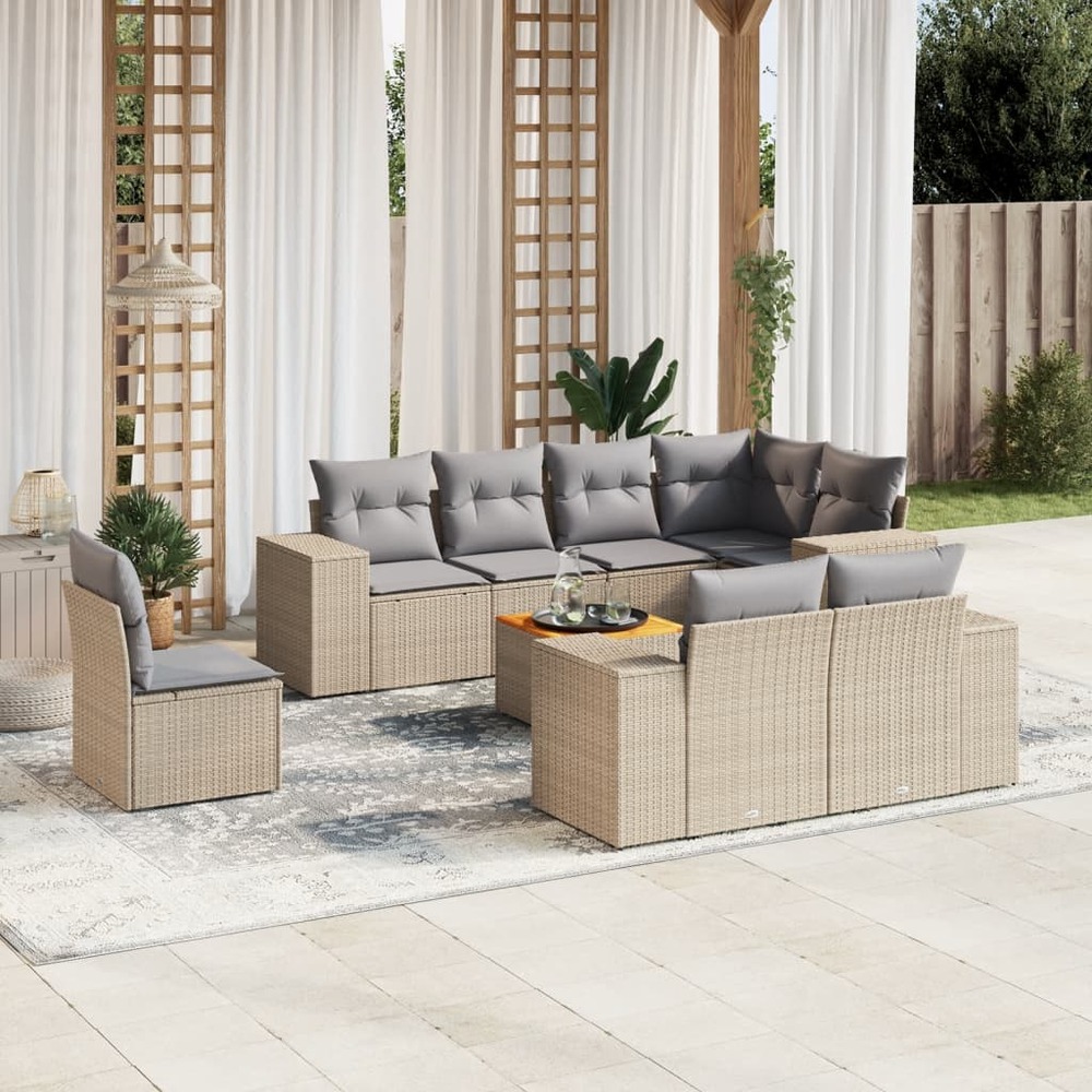 Salon de jardin avec coussins 9 pcs beige résine tressée