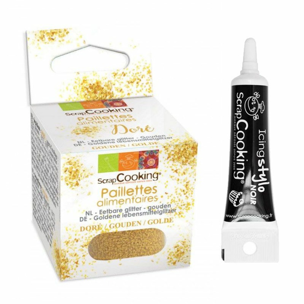 Paillettes alimentaires dorées + stylo de glaçage noir