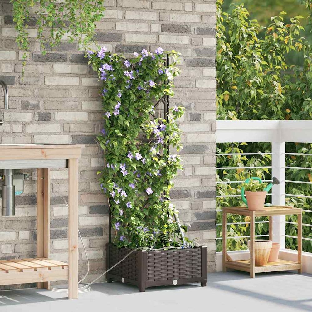 Bac à fleurs carré en acier avec treillis et irrigation marron 40x40x126 cm