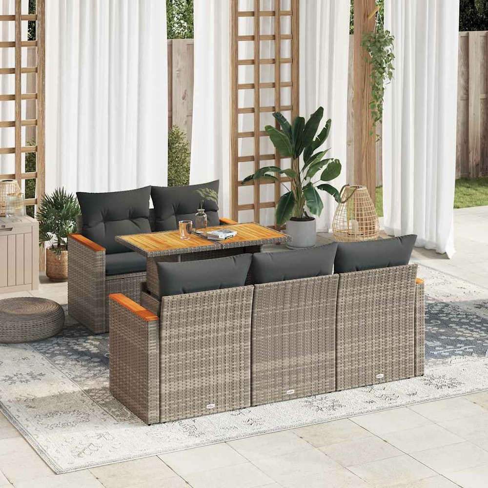 Salon de jardin avec coussins 6 pcs gris résine tressée acacia