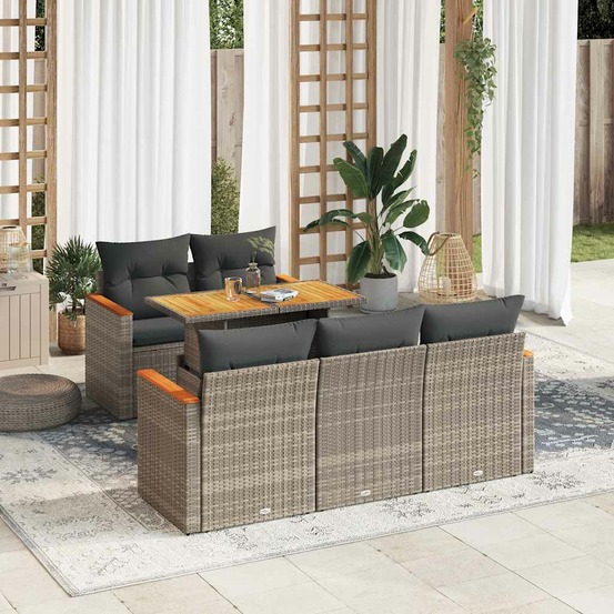Salon de jardin avec coussins 6 pcs gris résine tressée acacia