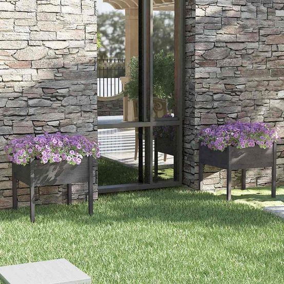 Lot de 2 bacs à fleurs carrés bois de pin pour jardin 70cm gris