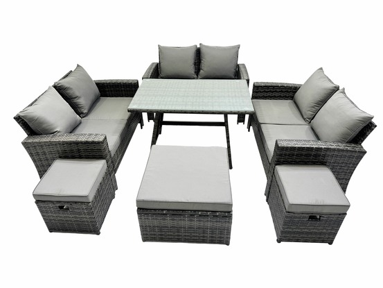 Salon de jardin avec table à manger rectangulaire canapé 2 places 3 tabourets gris foncé mixte