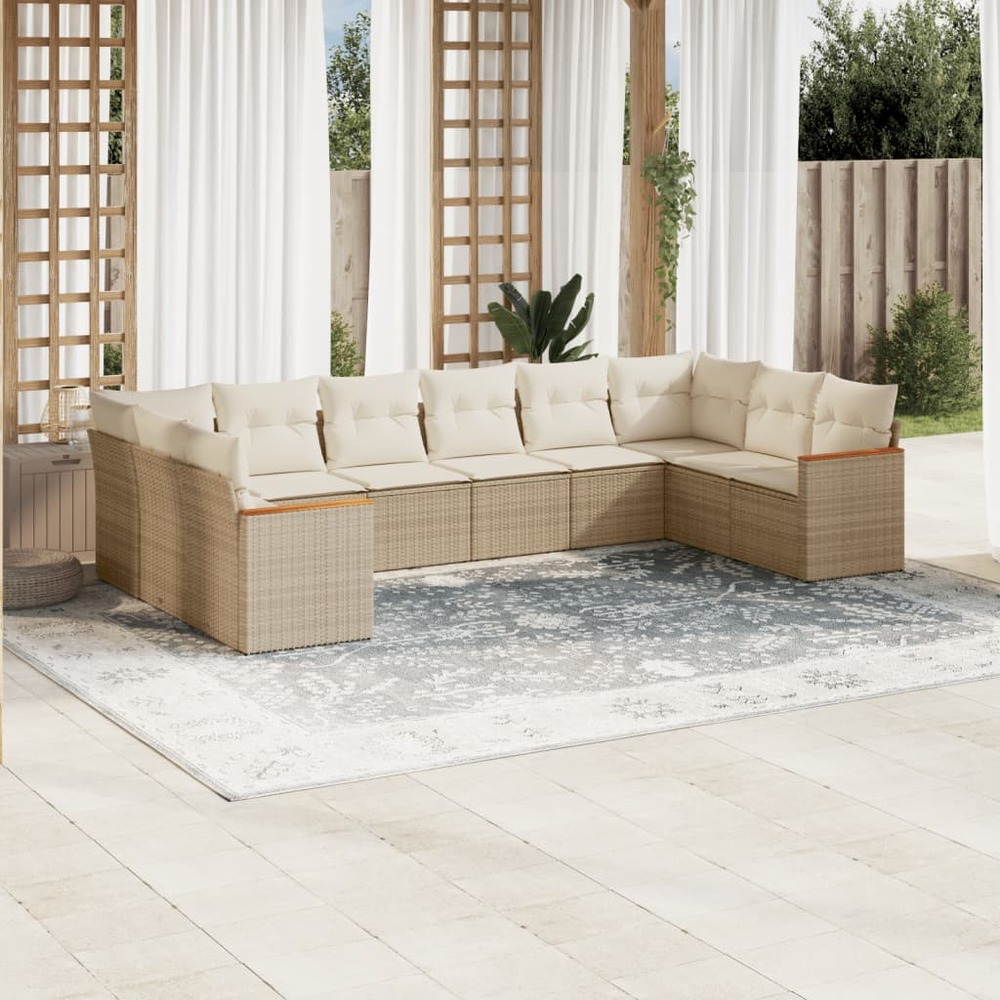 Salon de jardin avec coussins 10 pcs beige résine tressée