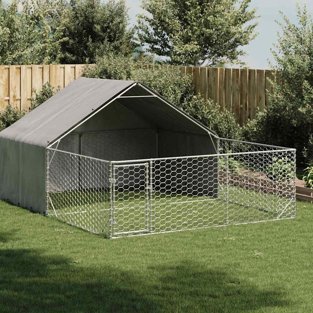 Chenil extérieur pour chien en acier galvanisé avec abri 4x3x1,9 m