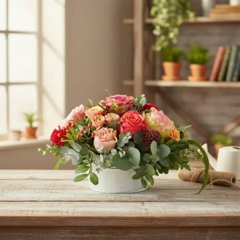 Composition florale ronde dans les camaïeux de rose