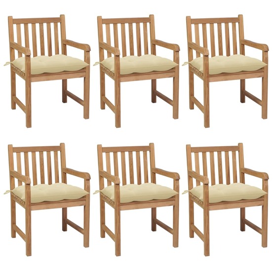 Chaises de jardin lot de 6 et coussins blanc crème teck solide
