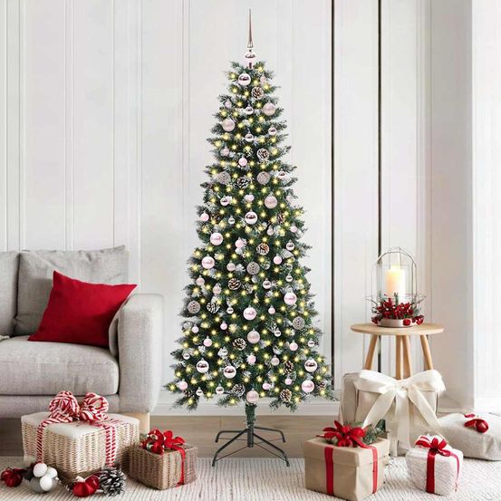 Sapin de noël tout-en-un 180 cm, flocage neige, guirlande led et 120 boules