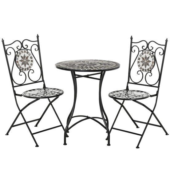 Ensemble balcon 2 places : table mosaïque + chaises pliantes, métal + carreaux céramique, multicolore