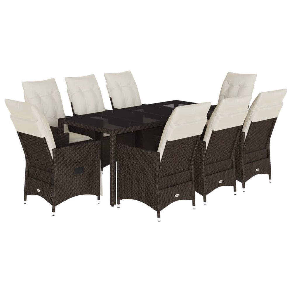 Ensemble à manger de jardin et coussins 9 pcs marron poly rotin