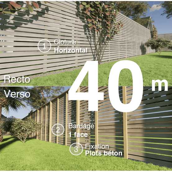 Kit clôture bois moderne 40m – h 2,3m – 20 x 70 mm autoclave gris – pose horizontal – simple face – à sceller