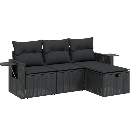 Salon de jardin 4 pcs avec coussins noir résine tressée