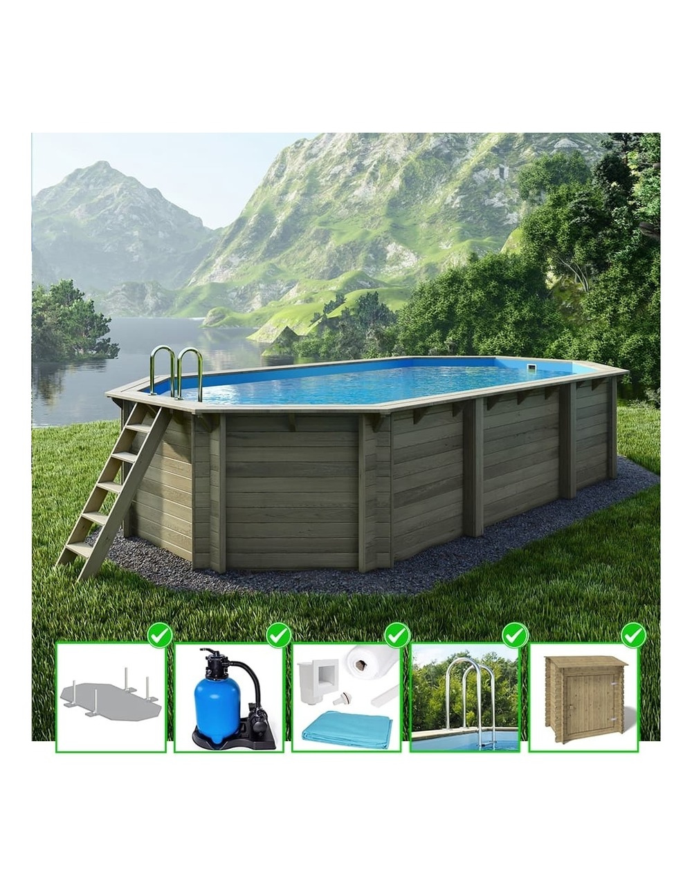 Piscine en bois nemo 7,3x3,97 - h.1,45 m fixations à visser - bas7305ospl+sza - altanka