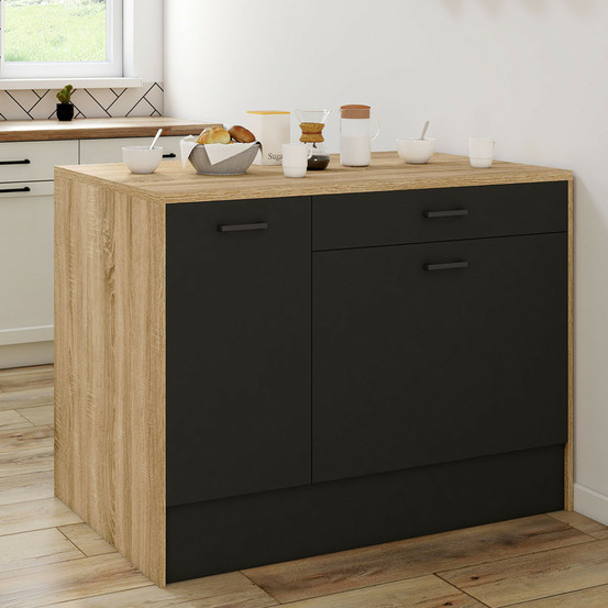 Ilot central lio 120 cm maxi capacité de rangement bois et noir