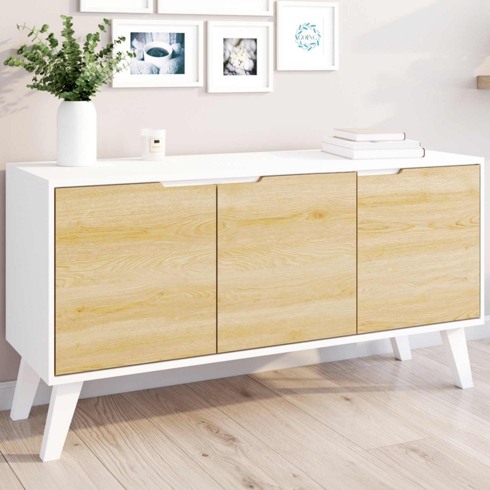 Buffet bas scandinave 113 cm finn 3 portes blanc et bois façon hêtre