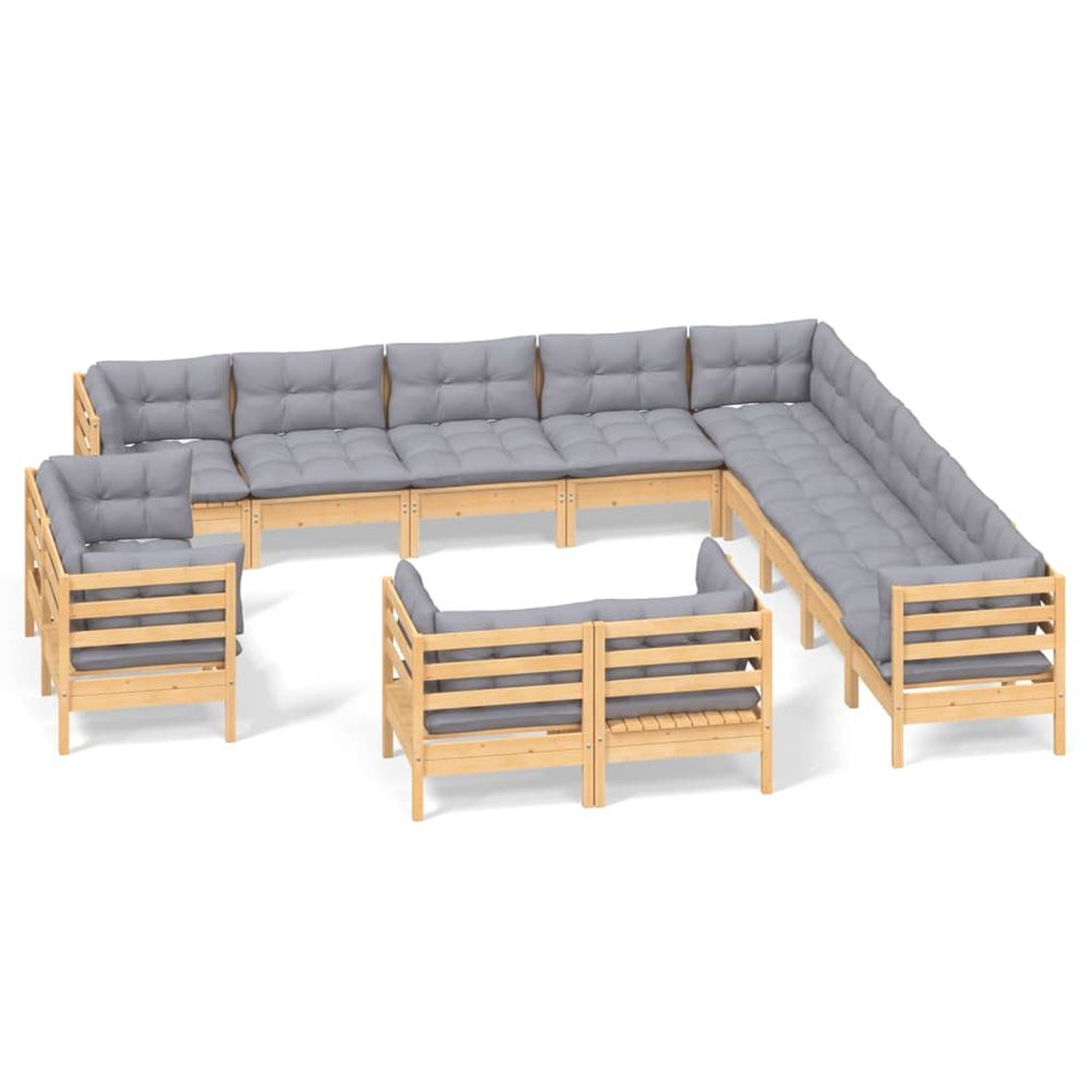 Salon de jardin 13 pcs avec coussins gris bois de pin solide