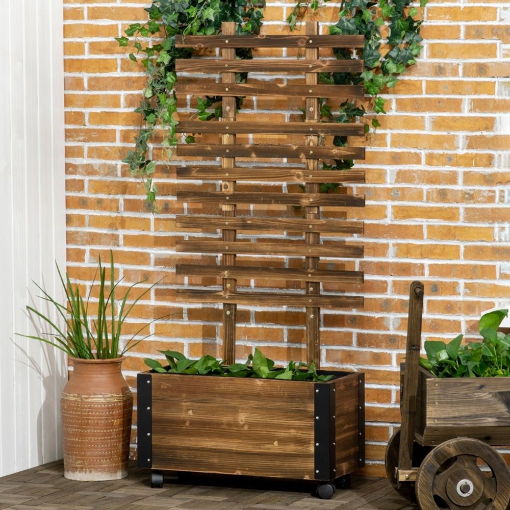 Jardinière sur pieds bois massif terrasse avec treillis roulettes 65x147cm noir