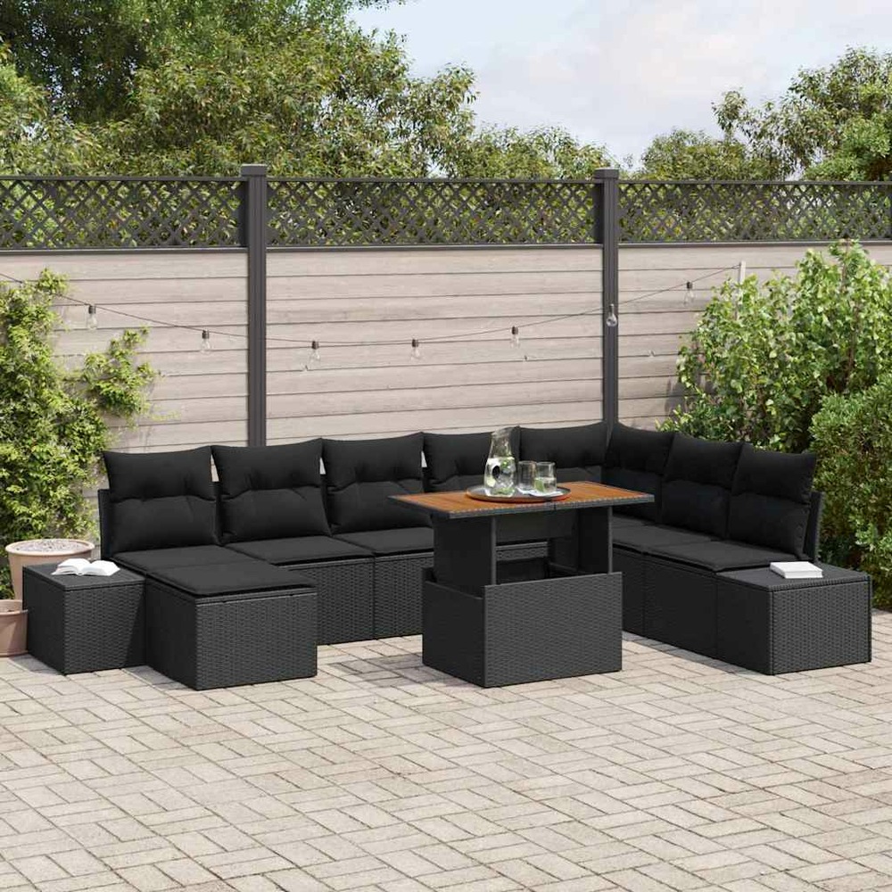 Ensemble de canapé de jardin 9 pcs noir poly rotin
