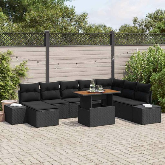Ensemble de canapé de jardin 9 pcs noir poly rotin