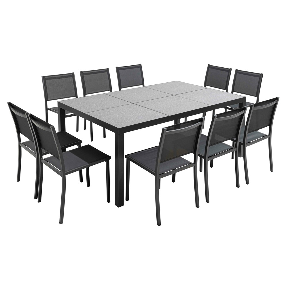 Ensemble table et chaises 10 places aluminium céramique gris