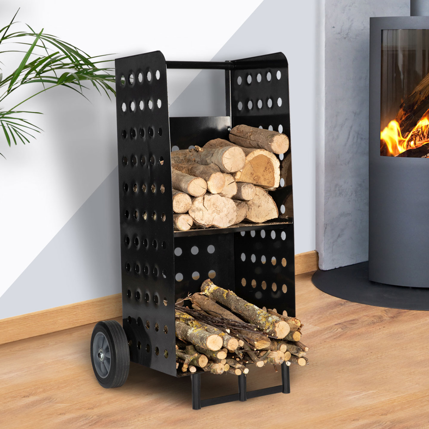 Chariot porte bûches acier noir 40 x 40 x 100,5 cm pour cheminée