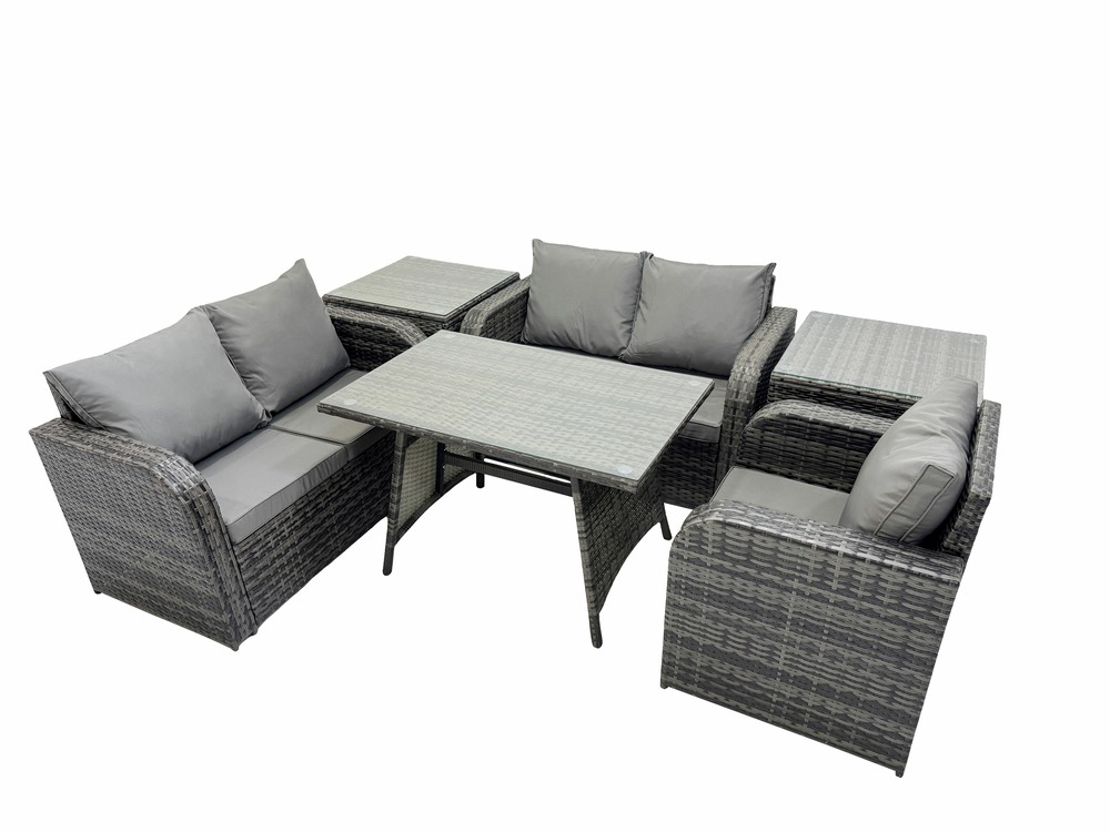 6 pièces ensemble de meubles de jardin en rotin avec table à manger fauteuil canapé d'amour 2 tables d'appoint gris foncé mixte