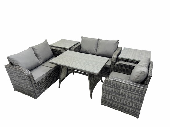 6 pièces ensemble de meubles de jardin en rotin avec table à manger fauteuil canapé d'amour 2 tables d'appoint gris foncé mixte