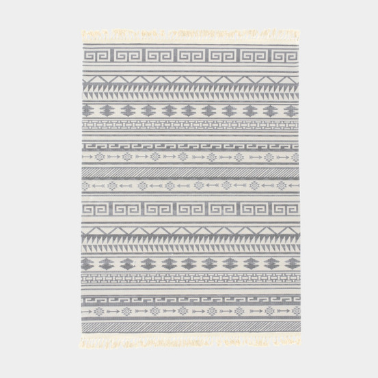 Tapis en coton blanc à franges - aztèque - motifs noir - 120 x 160 cm