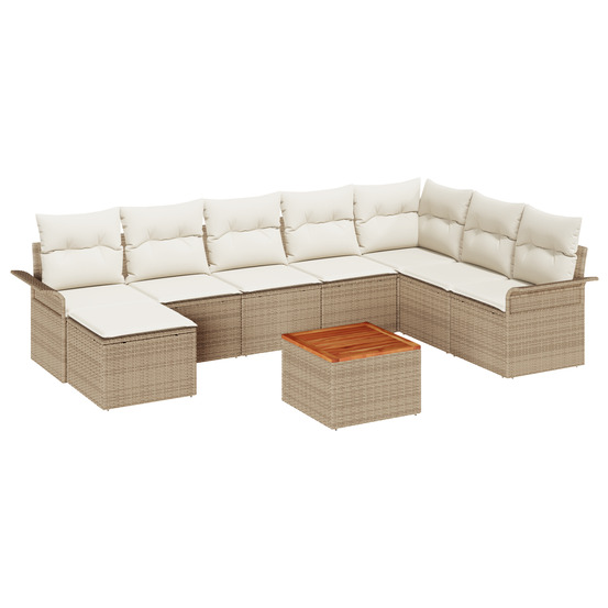 Ensemble de canapé de jardin 9 pièces avec coussins beige poly rotin acacia