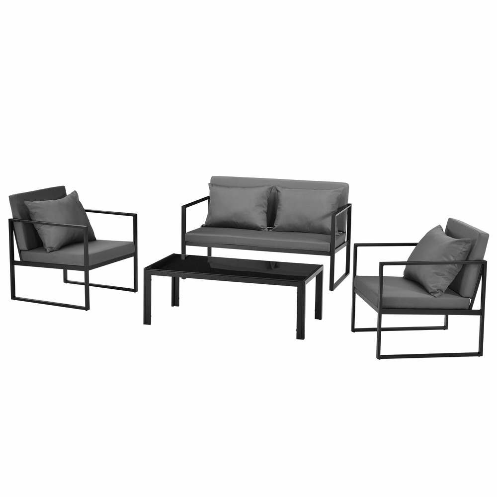 Salon de jardin ensemble de jardin table basse avec canapé et chaises extérieures métal verre polyester noir