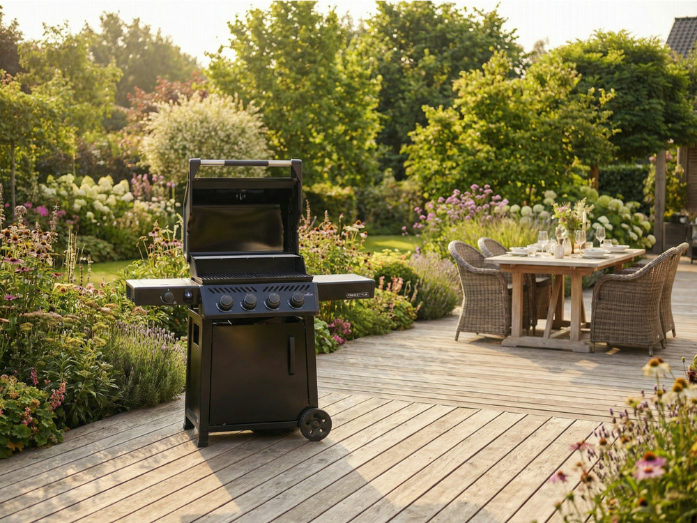 Barbecue gaz freestyle 425 noir 4 brûleurs + 1 réchaud latéral, avec porte et br