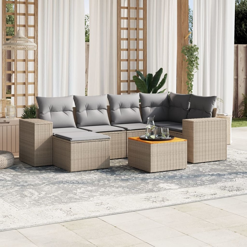 Salon de jardin avec coussins 7 pcs beige résine tressée