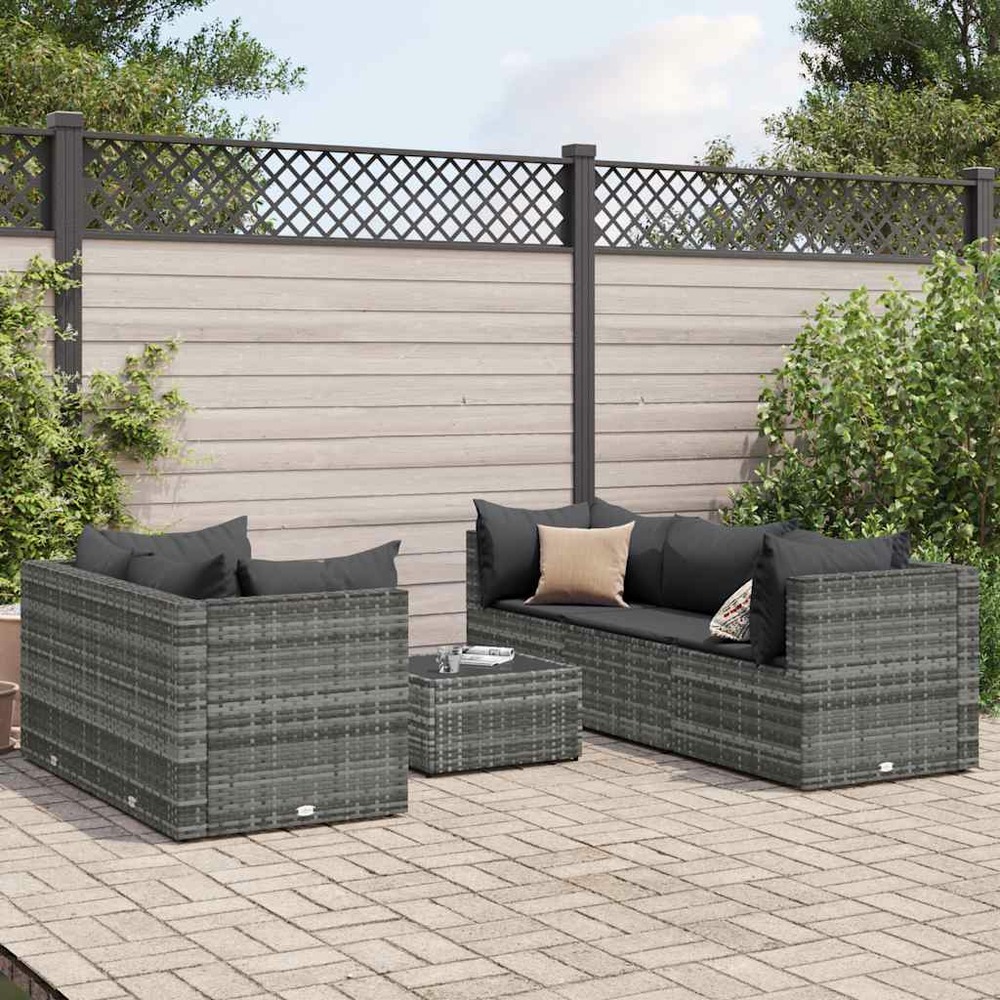 Salon de jardin 6 pcs avec coussins gris résine tressée