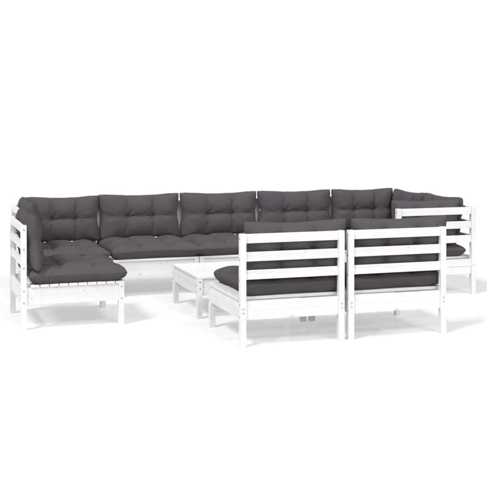 Salon de jardin 10 pcs avec coussins blanc bois de pin massif