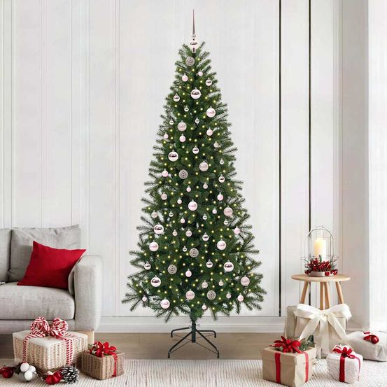 Grand sapin de noël réaliste 210cm pe/pvc avec 300 led blanc chaud et décorations