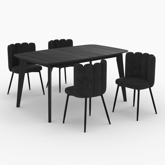 Oman-table et chaises 4 personnes en velours et bois noir