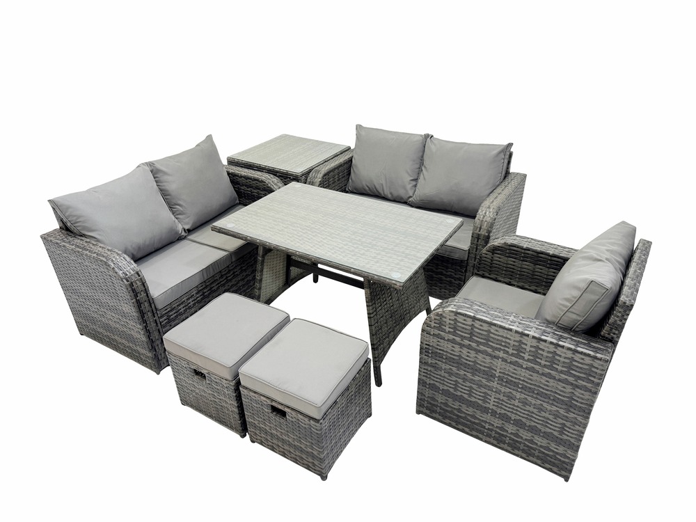 7 pièces ensemble de meubles de jardin en rotin avec table à manger fauteuil canapé d'amour table d'appoint 2 petits tabourets