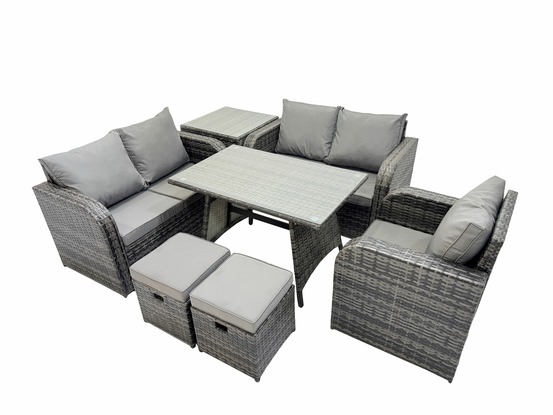 7 pièces ensemble de meubles de jardin en rotin avec table à manger fauteuil canapé d'amour table d'appoint 2 petits tabourets